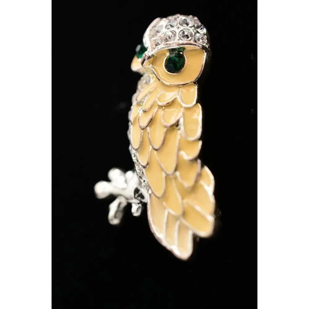 Vintage Owl Pin Brooch Rhinestone Crystal Green Cream Enamel Silver Shiny BinAT
